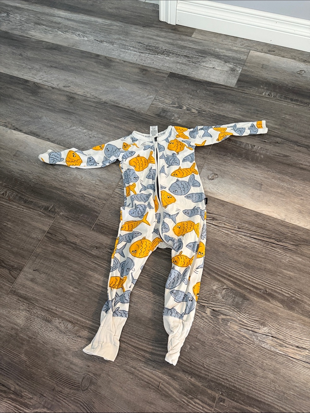 Bonds Kids One-Piece Zip Footed Pajamas in White with Yellow & Gray Fish